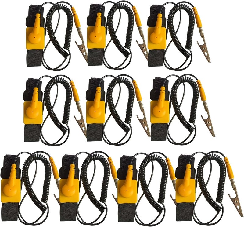 Zoolfix 10 Pack ESD Wrist Strap with Grounding Plug, Adjustable Coiled Cord (Yellow) - Image 1